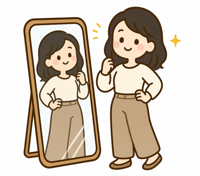 鏡の前で自信を持って笑顔の女性